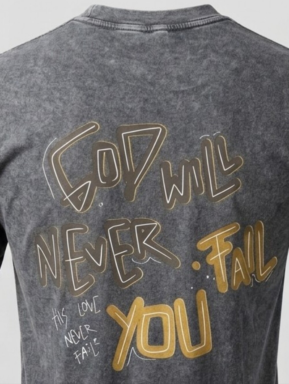 NWT Graphic Tee - "God Will Never Fail You" Vintage Charcoal Grey (L)